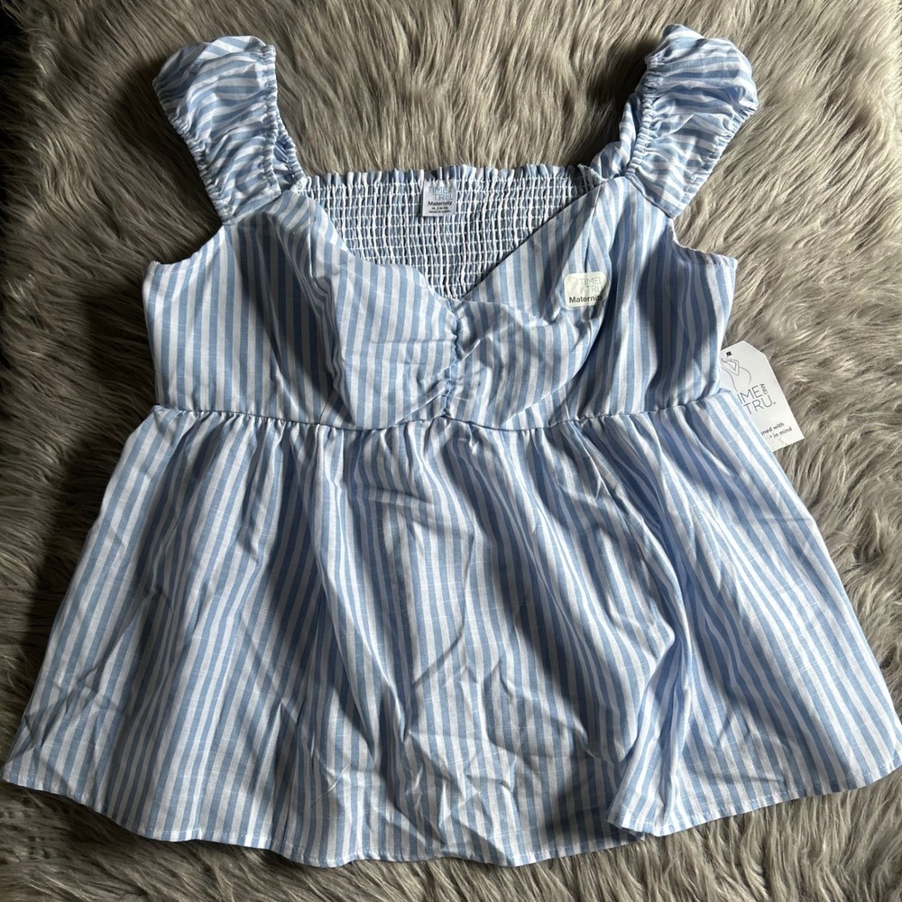 Time And Tru Maternity Short Sleeve Babydoll Shirt Womens Size XL Blue Stripes